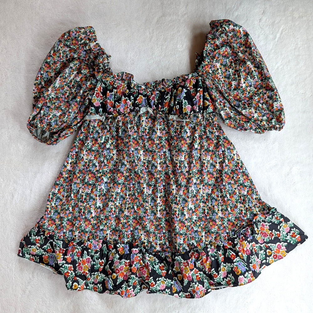 For Love & Lemons Floral Puff Sleeve Mini Dress Ruffle Cutout Back Size L